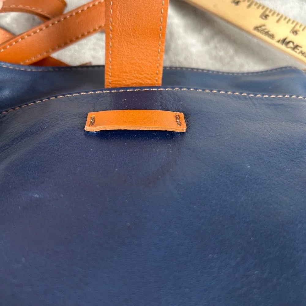 Borboletta Navy Blue Leather Crossbody Bag Tan Trim Adjustable Strap